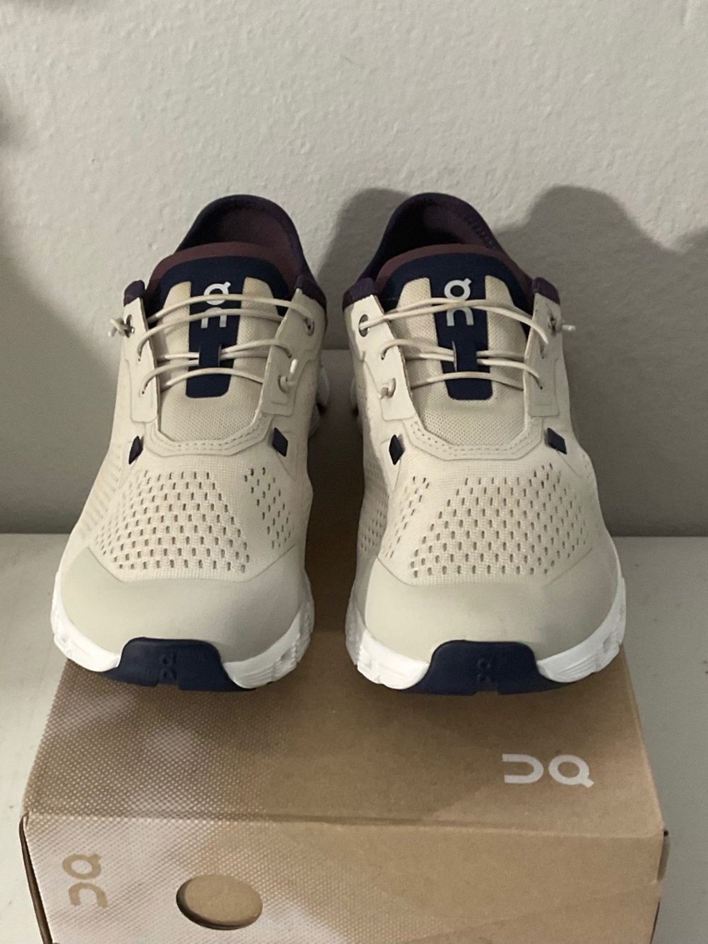 On Running Cloudcoast Beige Purple Athletic Running Shoes.